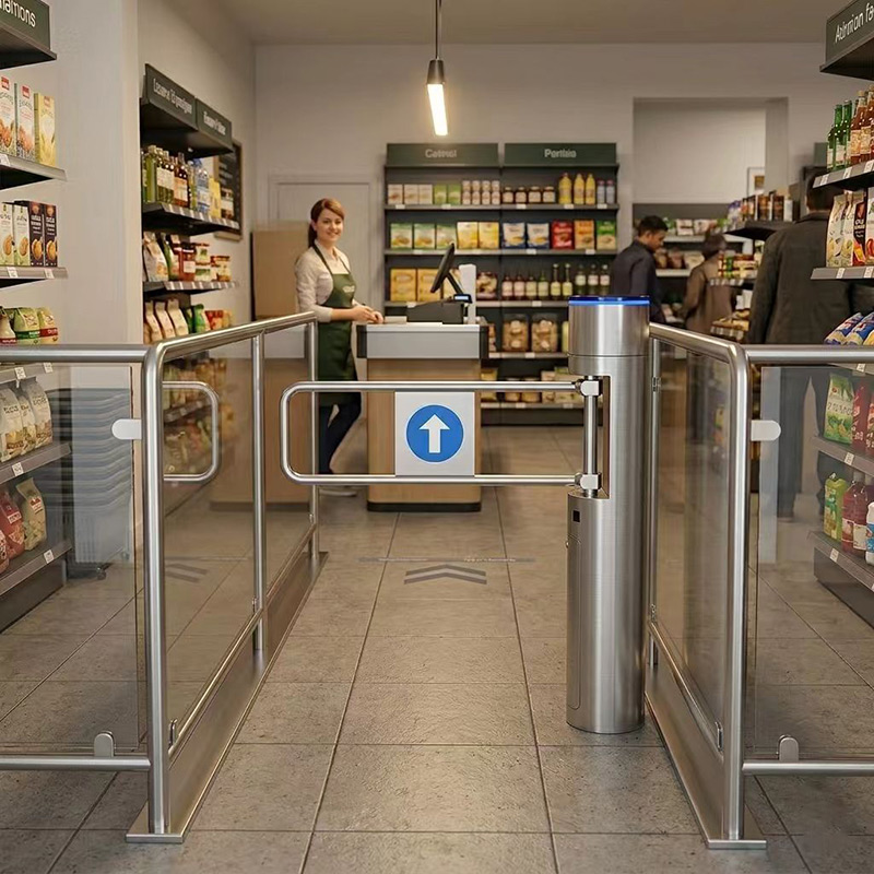 Compact single swing gate for supermarket entrance